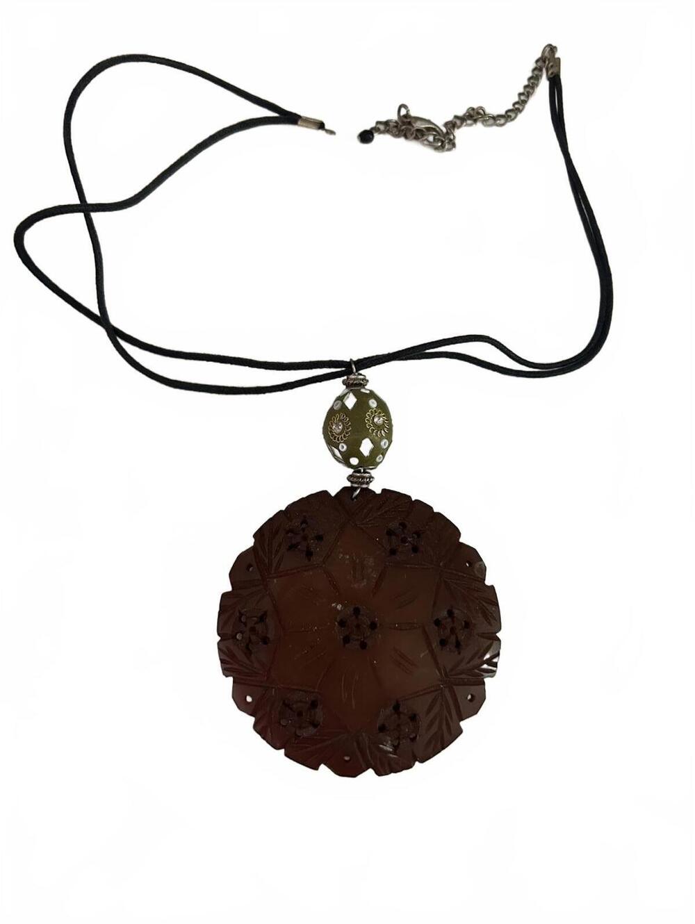 Vintage Carved Pendant Necklace with Green Bead